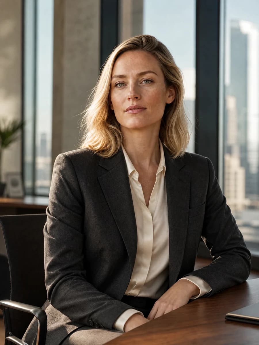 Executive portrait of the same creator at a walnut desk